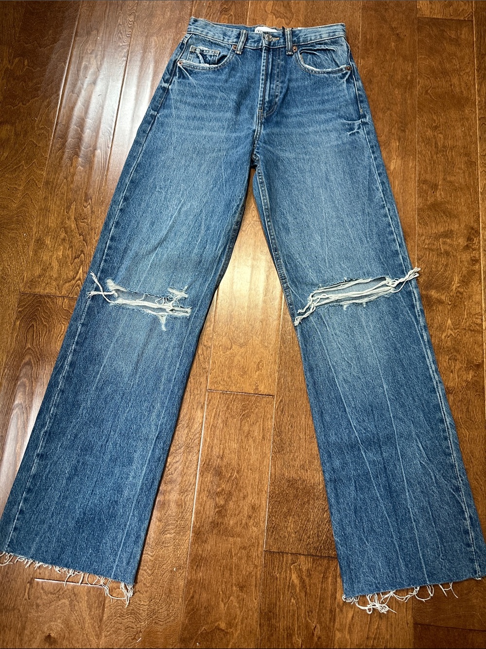Zara High-Rise Distressed Wide-Leg Jeans - Blue